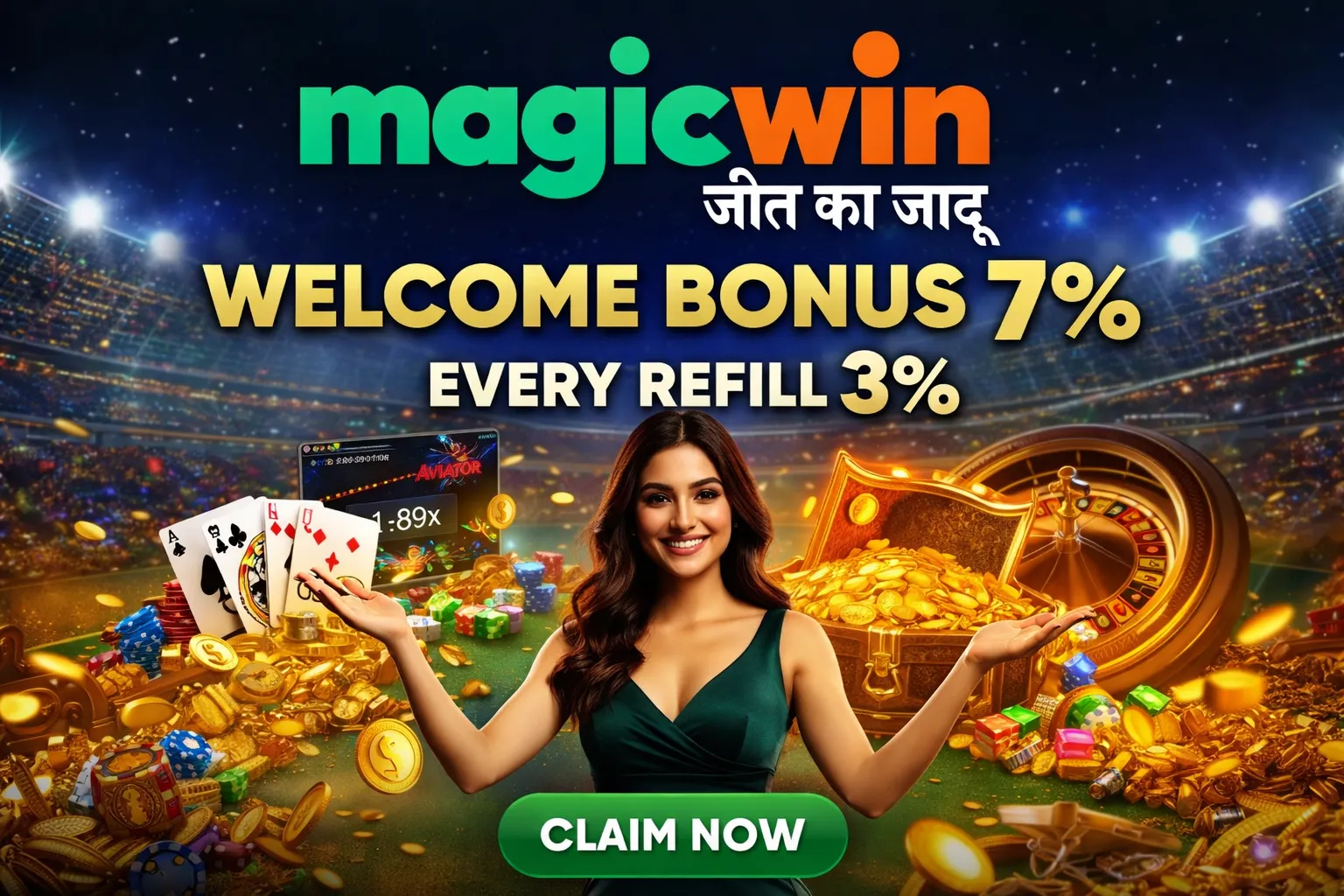 MagicWin bonus banner showing a smiling woman presenting casino rewards with gold coins, cards, roulette, and stadium lights.