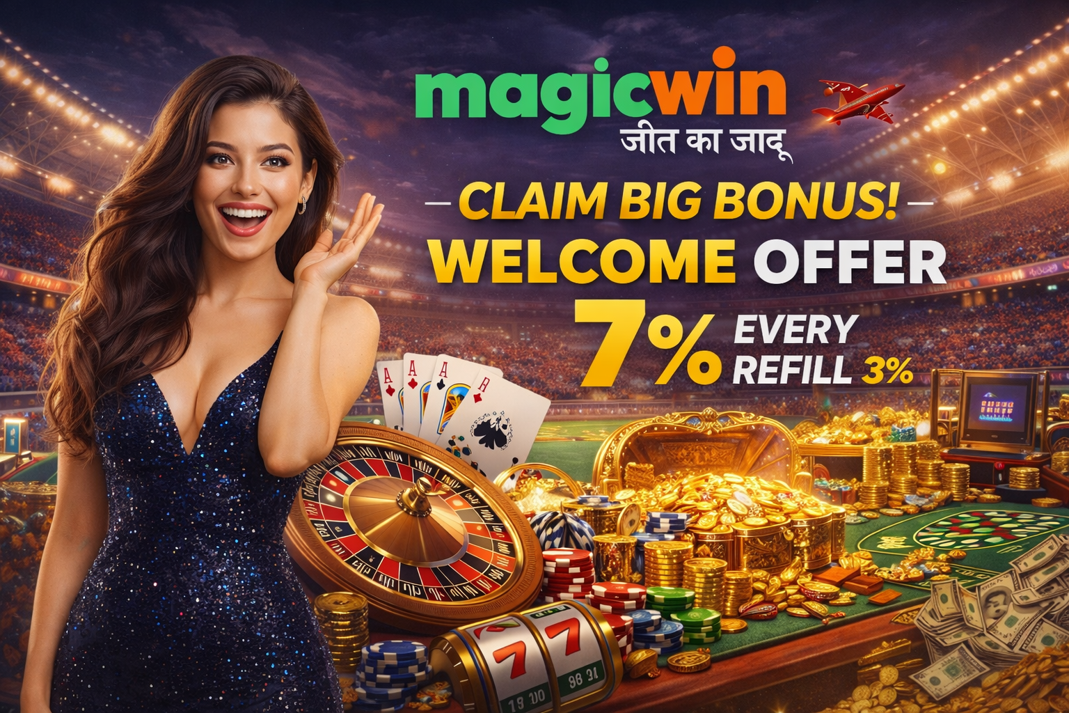 Energetic casino promotion featuring a cheerful woman in a dark blue dress, surrounded by roulette, playing cards, chips, gold coins, cash, and bold bonus text inside a glowing stadium.