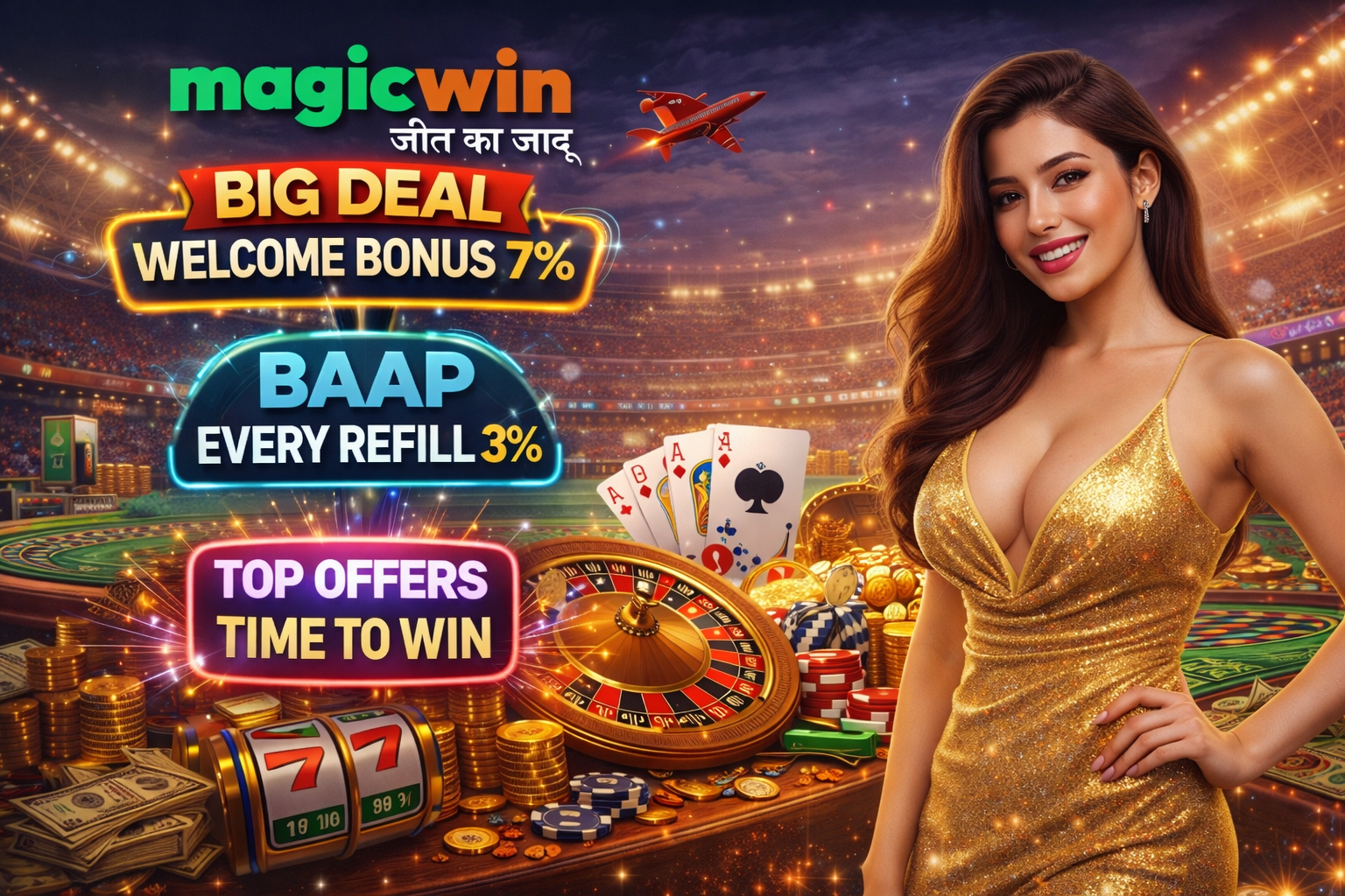 Casino promotion artwork showing a glamorous woman in a gold dress beside roulette wheels, cards, chips, slot machines, and glowing bonus banners inside a grand arena.
