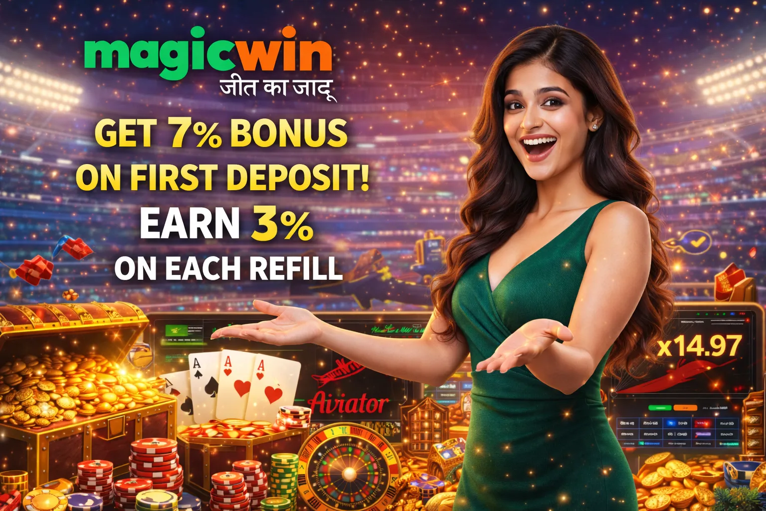 Promotional casino-themed banner showing a smiling woman presenting bonus offers with cards, chips, and gold coins.