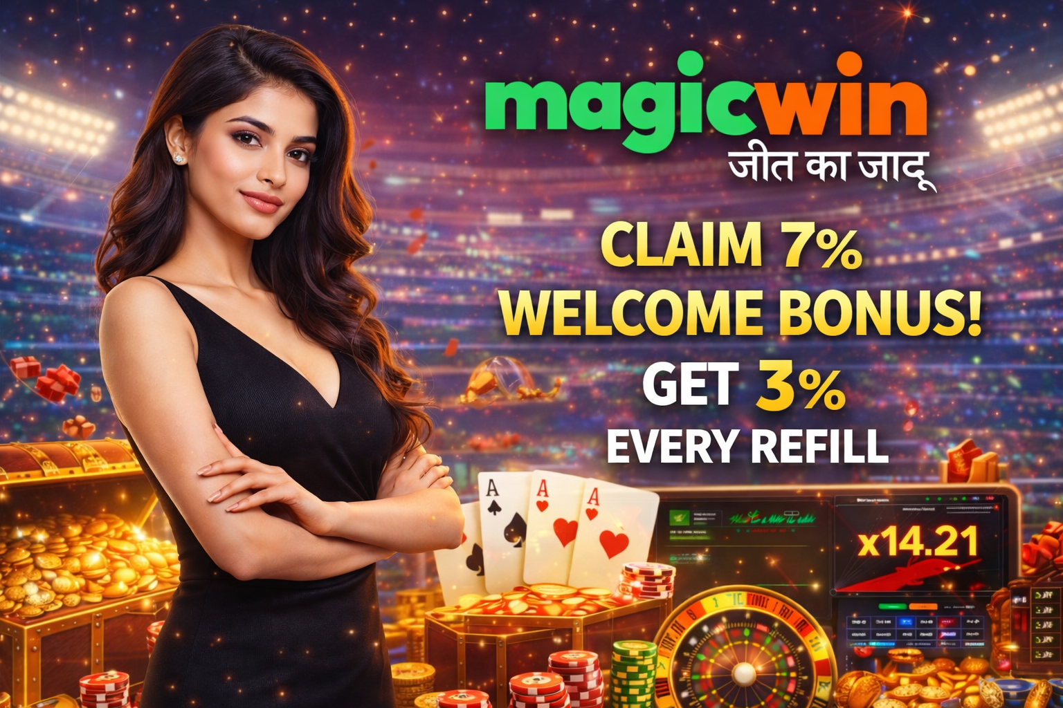 Promotional banner showing a confident woman beside casino elements like cards, chips, coins, and a roulette wheel with bonus offers displayed.