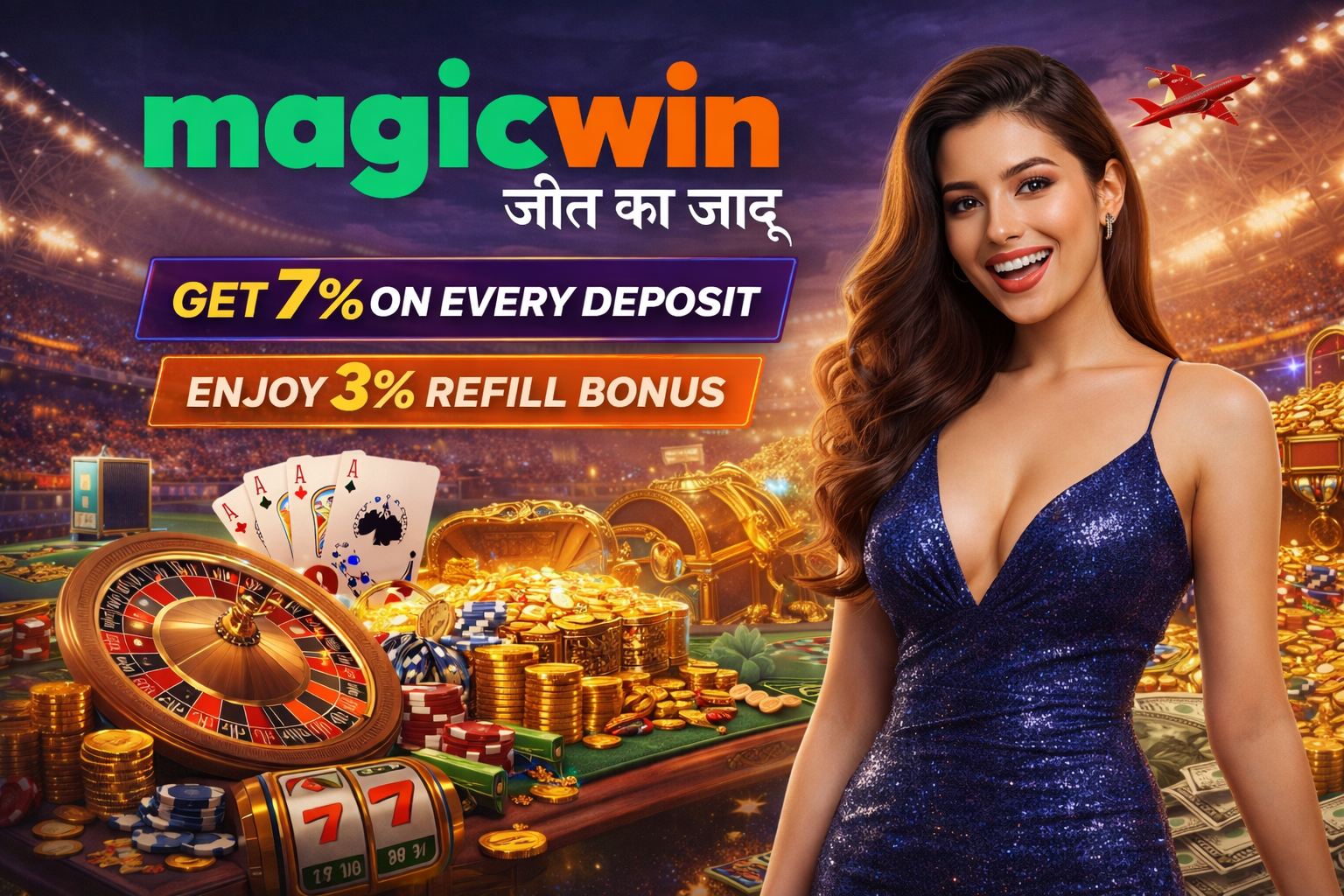 Casino rewards poster showing a smiling woman in a blue dress beside a roulette table, playing cards, chips, gold coins, and deposit bonus highlights inside a glowing arena.