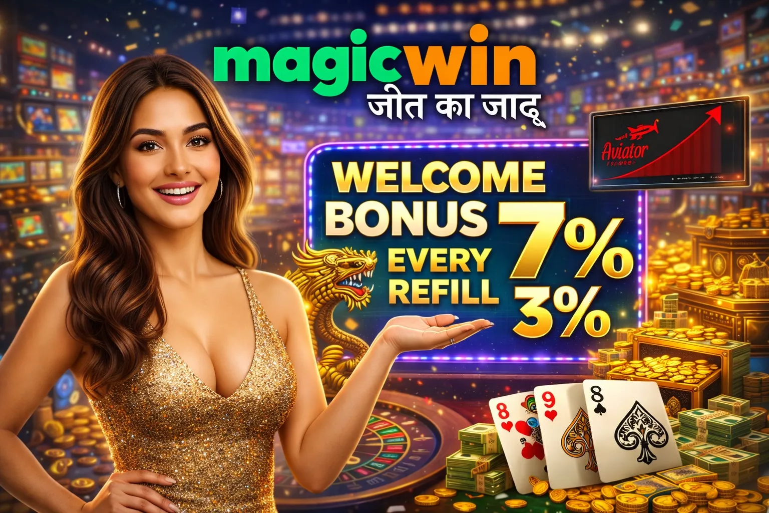 MagicWin casino bonus artwork with a smiling woman highlighting welcome and refill offers amid coins, cards, and slot machines.