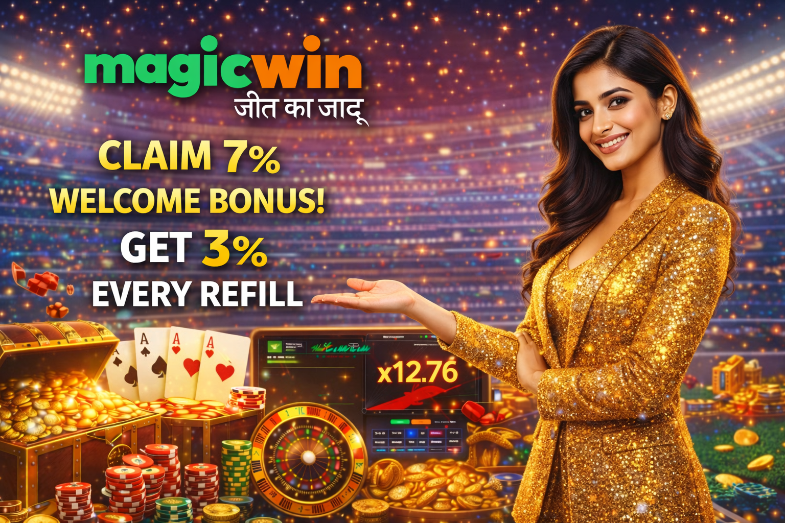 Smiling woman in a gold outfit presenting a casino bonus offer with cards, chips, coins, and a roulette wheel in a glowing arena.