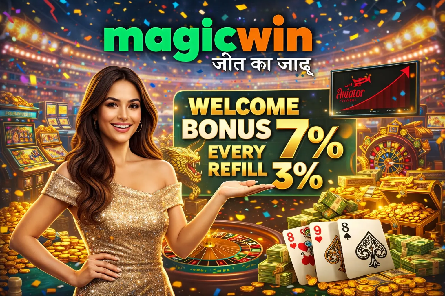MagicWin casino promotion featuring a smiling woman gesturing toward welcome and refill bonuses amid coins, cards, and roulette tables.