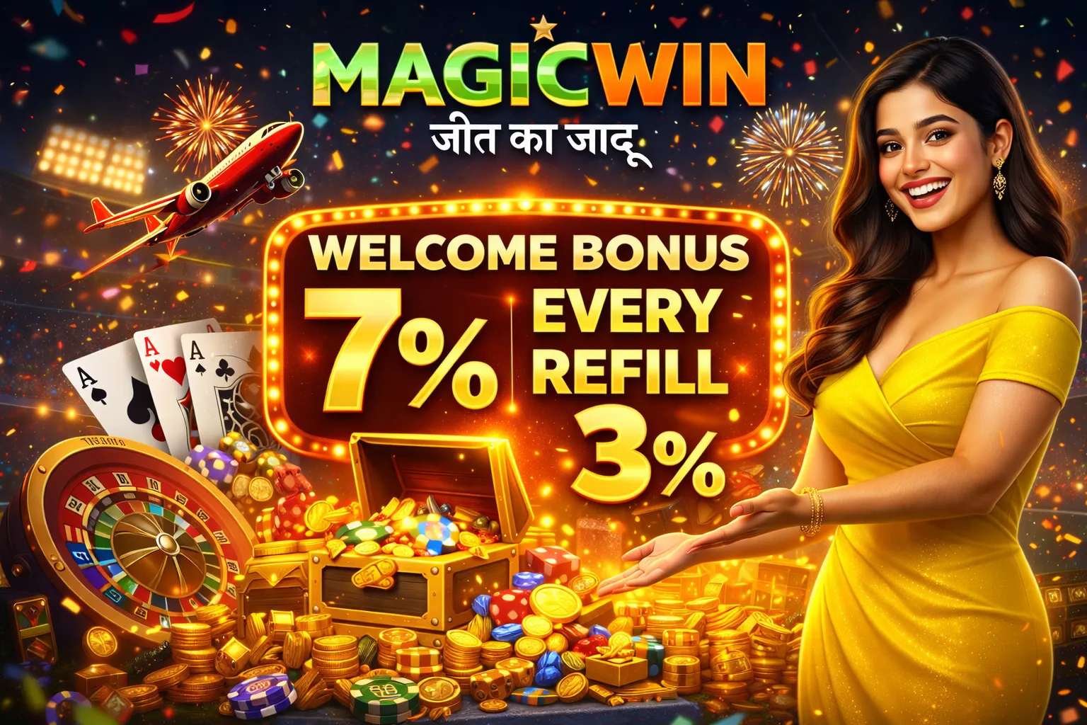 Festive MagicWin casino banner with a smiling woman in a yellow dress showcasing welcome and refill bonus offers surrounded by coins and games.