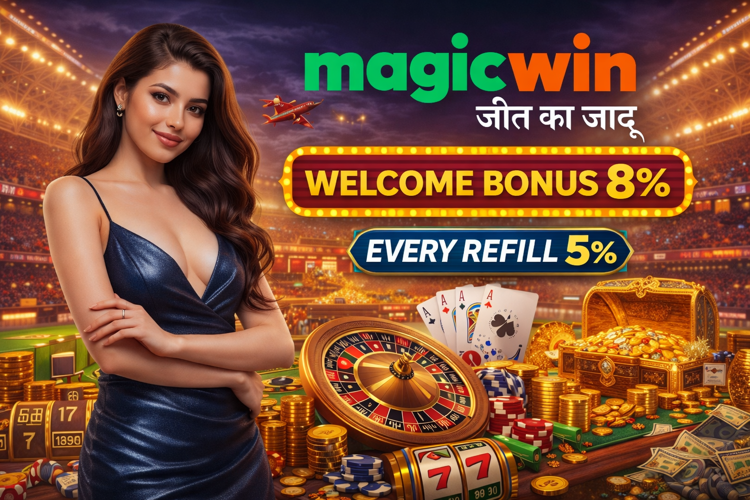 MagicWin casino promotion featuring a confident woman in a blue dress standing beside a roulette wheel, playing cards, chips, gold coins, treasure chest, and highlighted welcome and refill bonuses in a stadium.