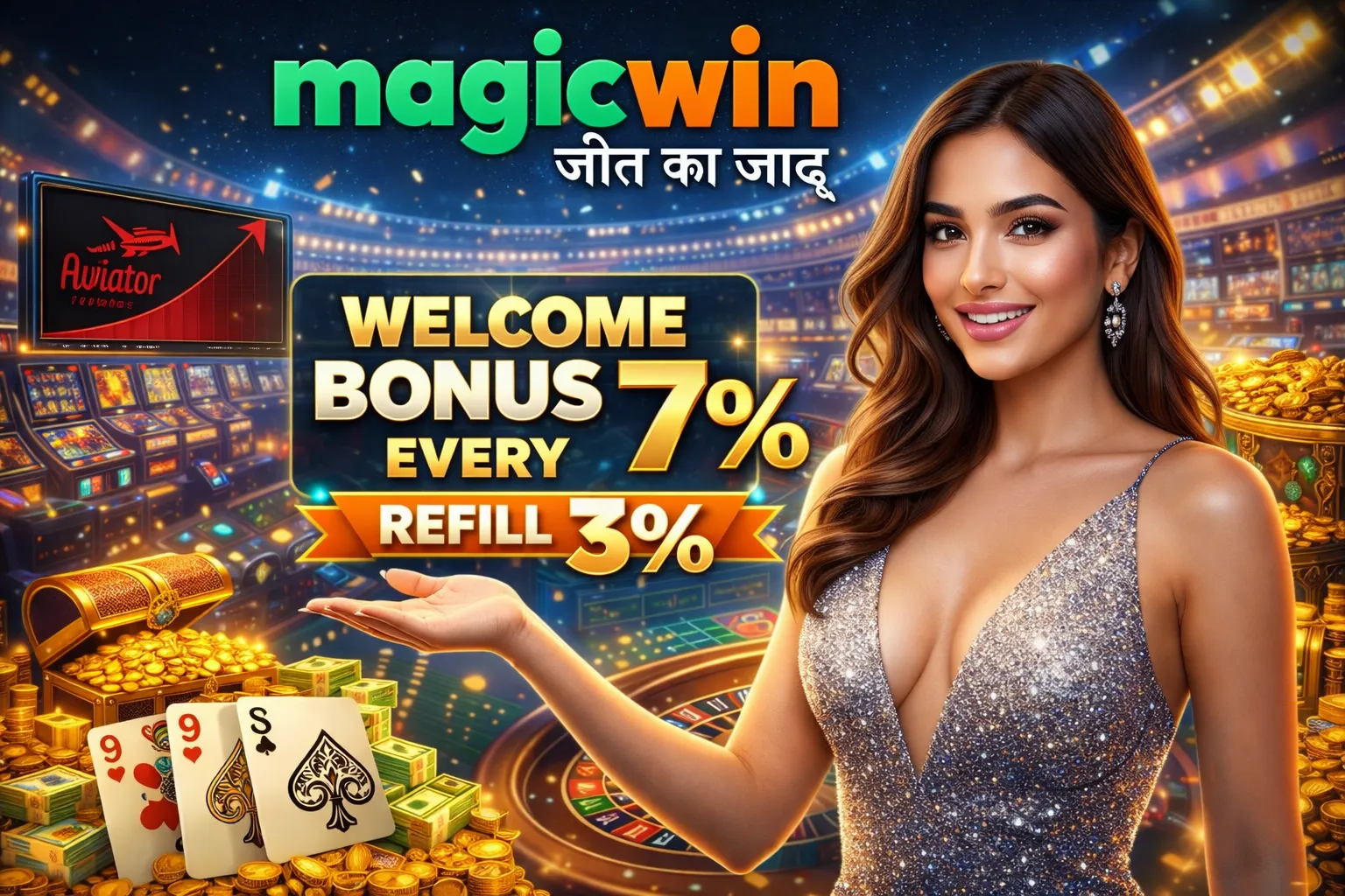 MagicWin casino bonus visual featuring a stylish woman presenting welcome and refill offers with roulette, cards, and gold coins.
