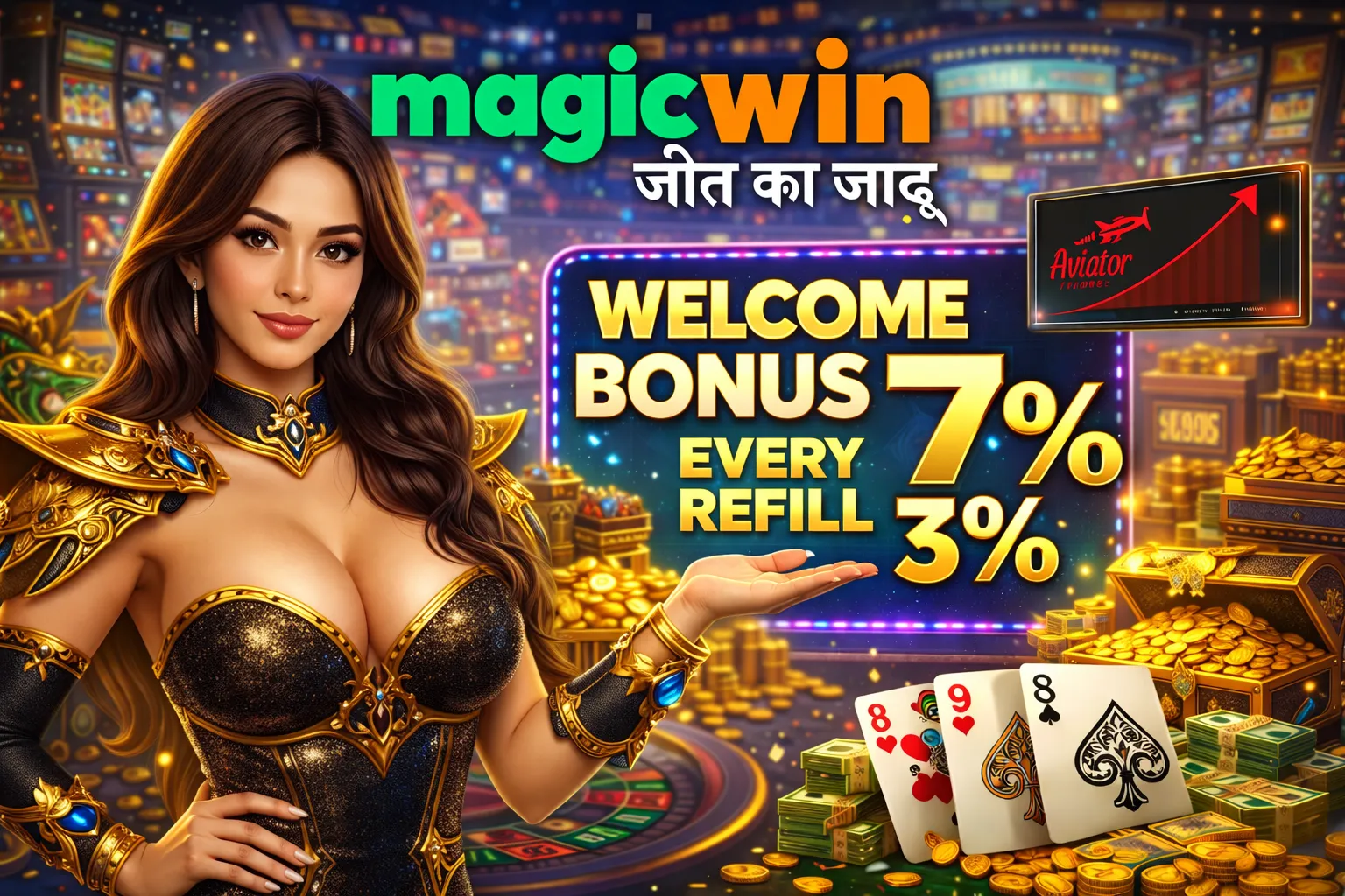 Fantasy-style MagicWin casino artwork with a royal-themed woman presenting welcome and refill bonus offers among gold coins and cards.