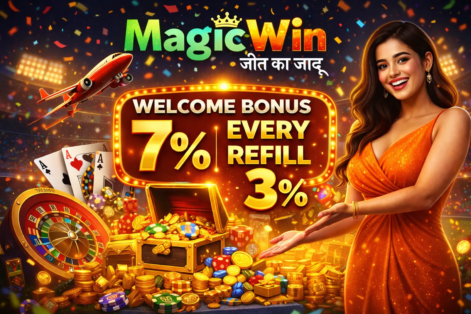 MagicWin casino advertisement with a smiling woman in an orange dress presenting welcome and refill bonus offers amid gold coins and gaming elements.