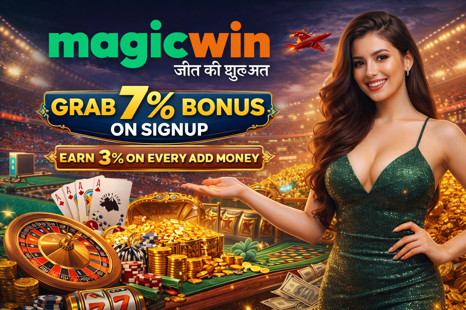 Casino signup promotion showing a smiling woman in a green dress presenting bonus offers, with roulette, playing cards, chips, gold coins, and cash in a glowing arena.
