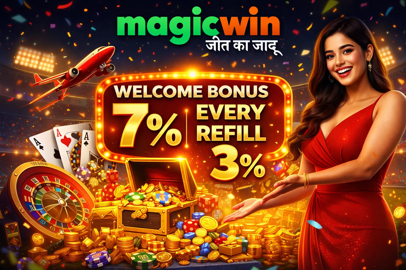 Colorful MagicWin casino promotion featuring a cheerful woman, bonus percentages, coins, cards, and a roulette wheel.