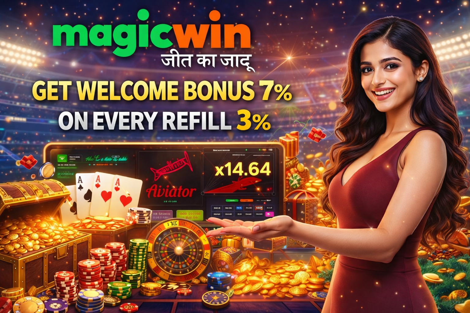 Magicwin casino promotion banner with a smiling woman presenting online games, chips, cards, and bonus offers.