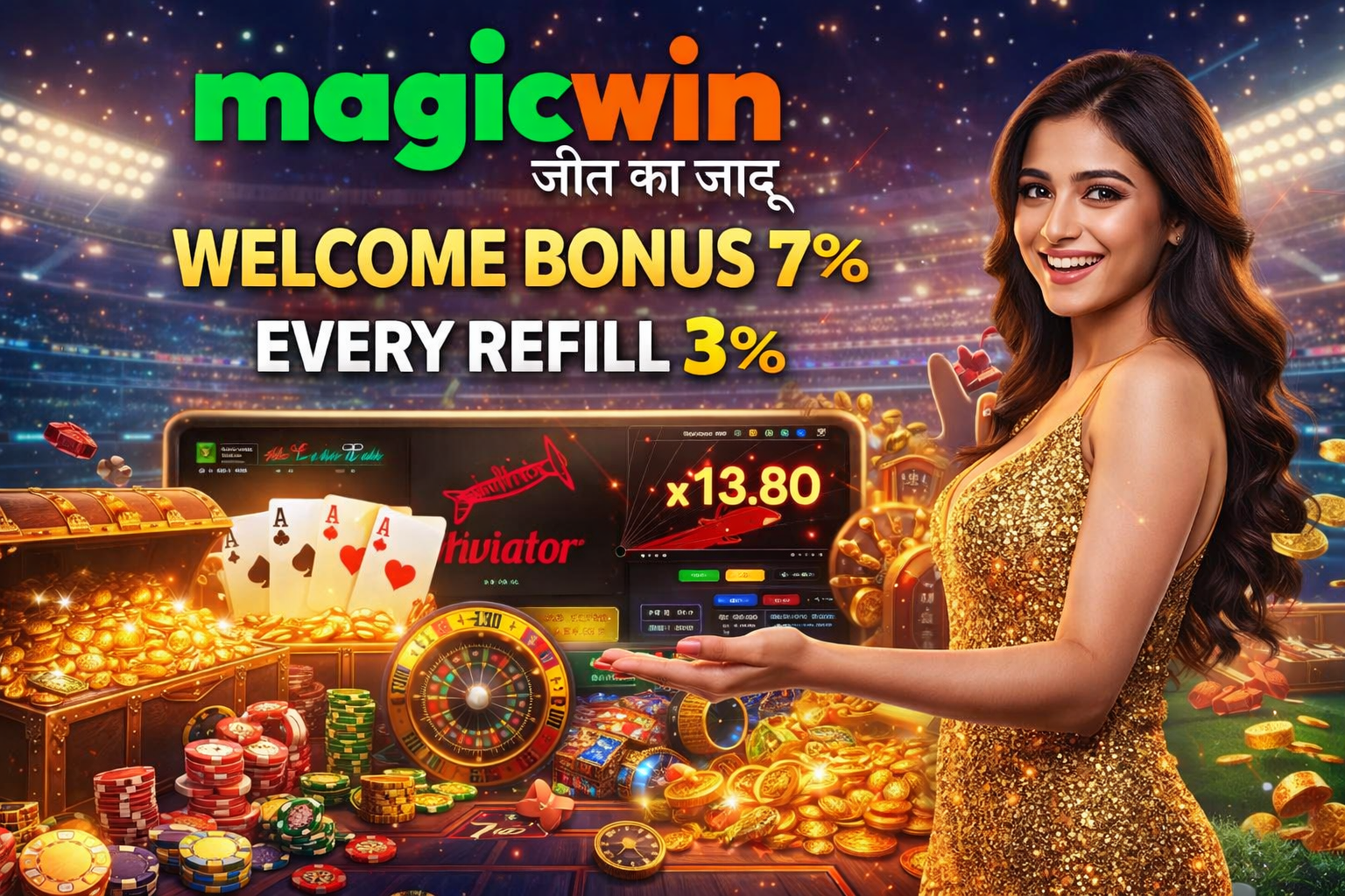 A promotional banner for Magicwin showing a smiling woman in a gold dress beside casino games, coins, cards, and bonus offers.