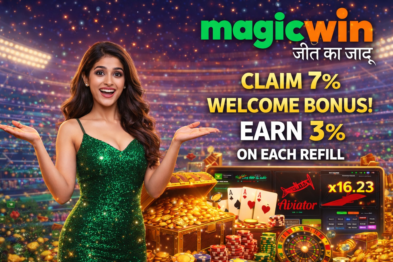 Magicwin casino banner showing a smiling woman in a green dress presenting welcome and refill bonus offers with casino games and gold coins.