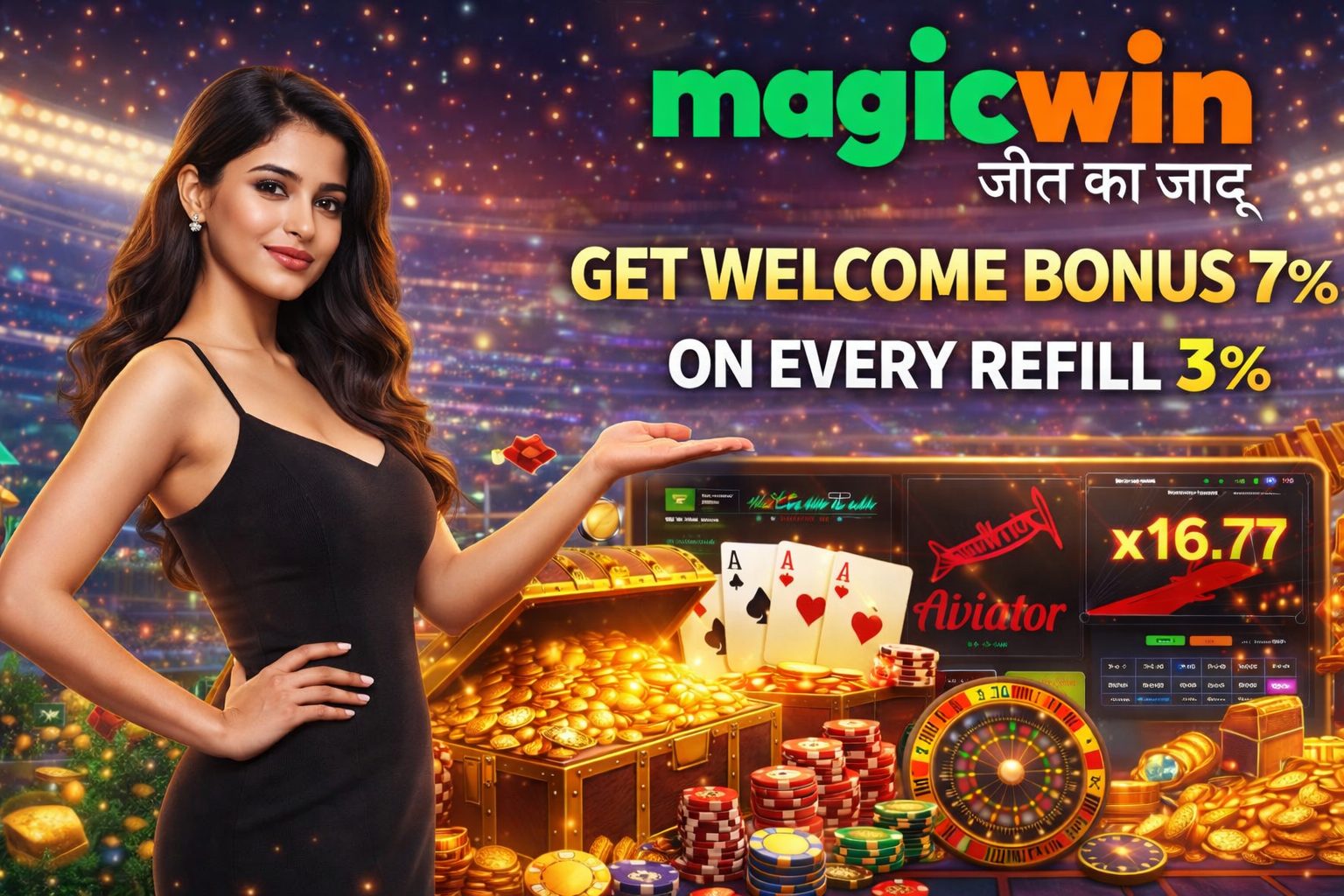 Magicwin casino promotional banner featuring a woman in a black dress presenting welcome and refill bonus offers with casino games and gold coins.