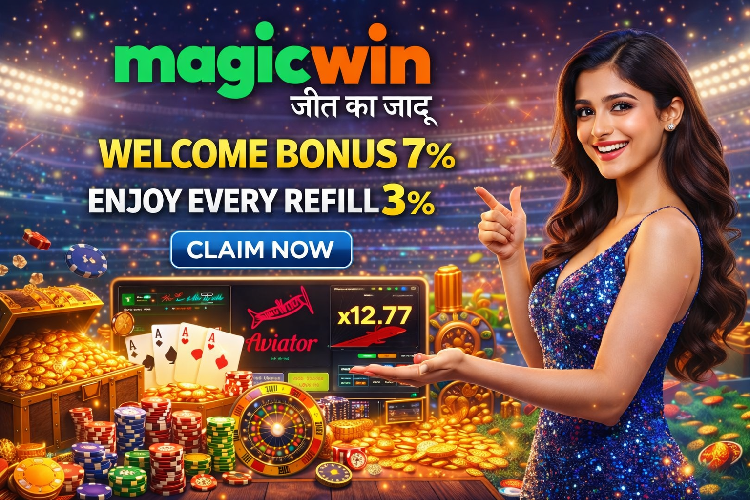 Magicwin casino banner with a smiling woman pointing to welcome and refill bonus offers, surrounded by online casino games and gold coins.