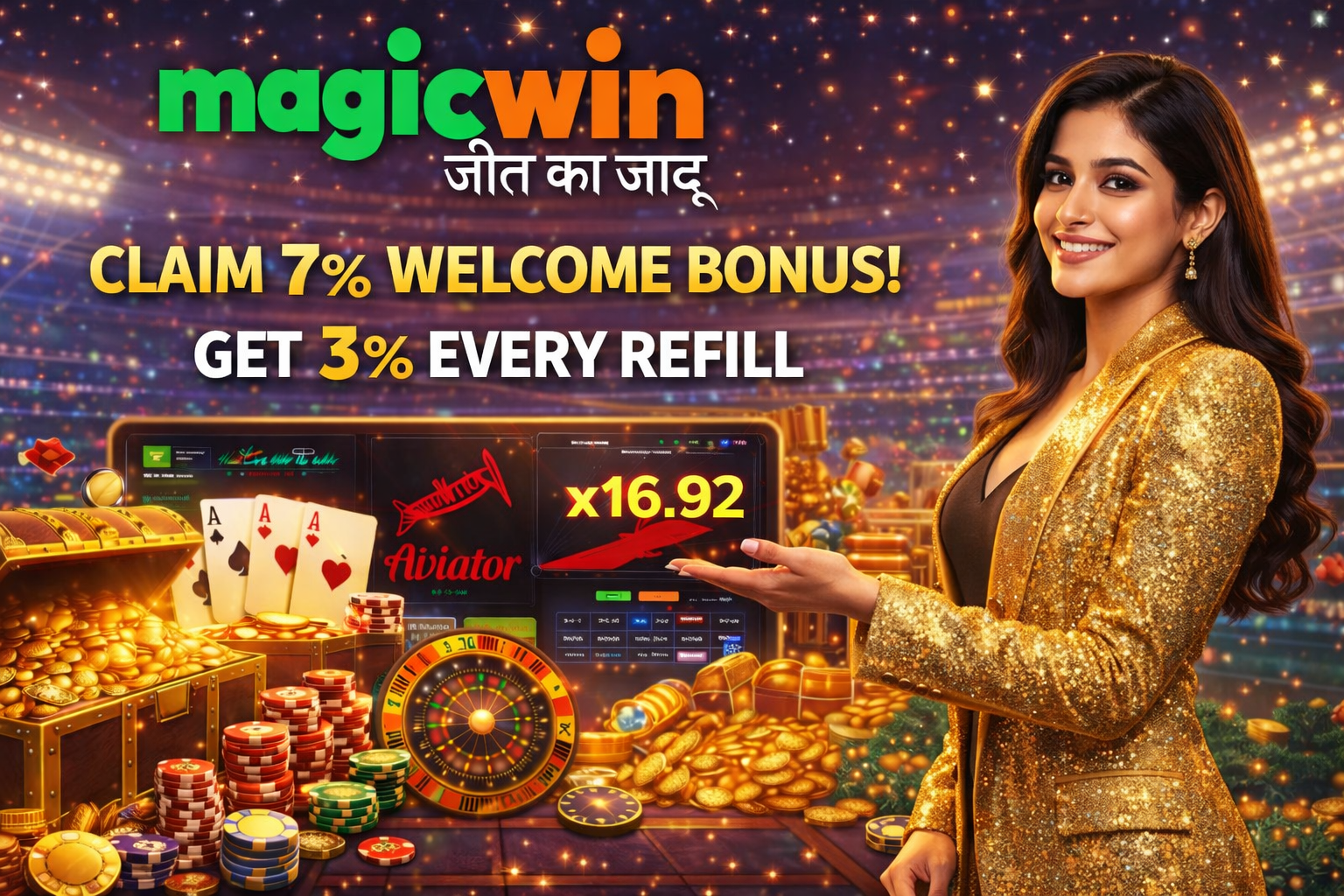 Magicwin casino promotional banner featuring a smiling woman in a gold jacket presenting welcome and refill bonus offers with casino games and gold coins.