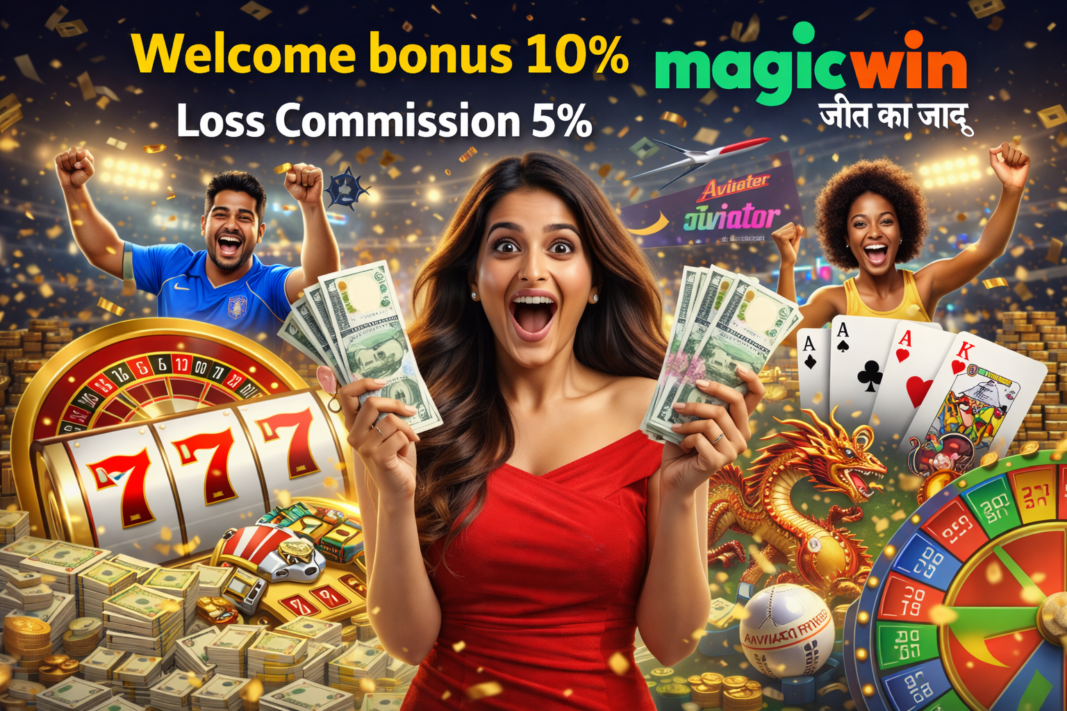 An ecstatic woman holding cash as casino reels, playing cards, dragons, and cheering gamers create a festive backdrop.