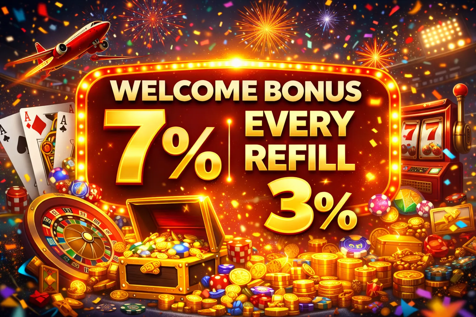 Glowing casino bonus banner with fireworks, gold coins, roulette wheel, cards, and bonus percentages displayed prominently.