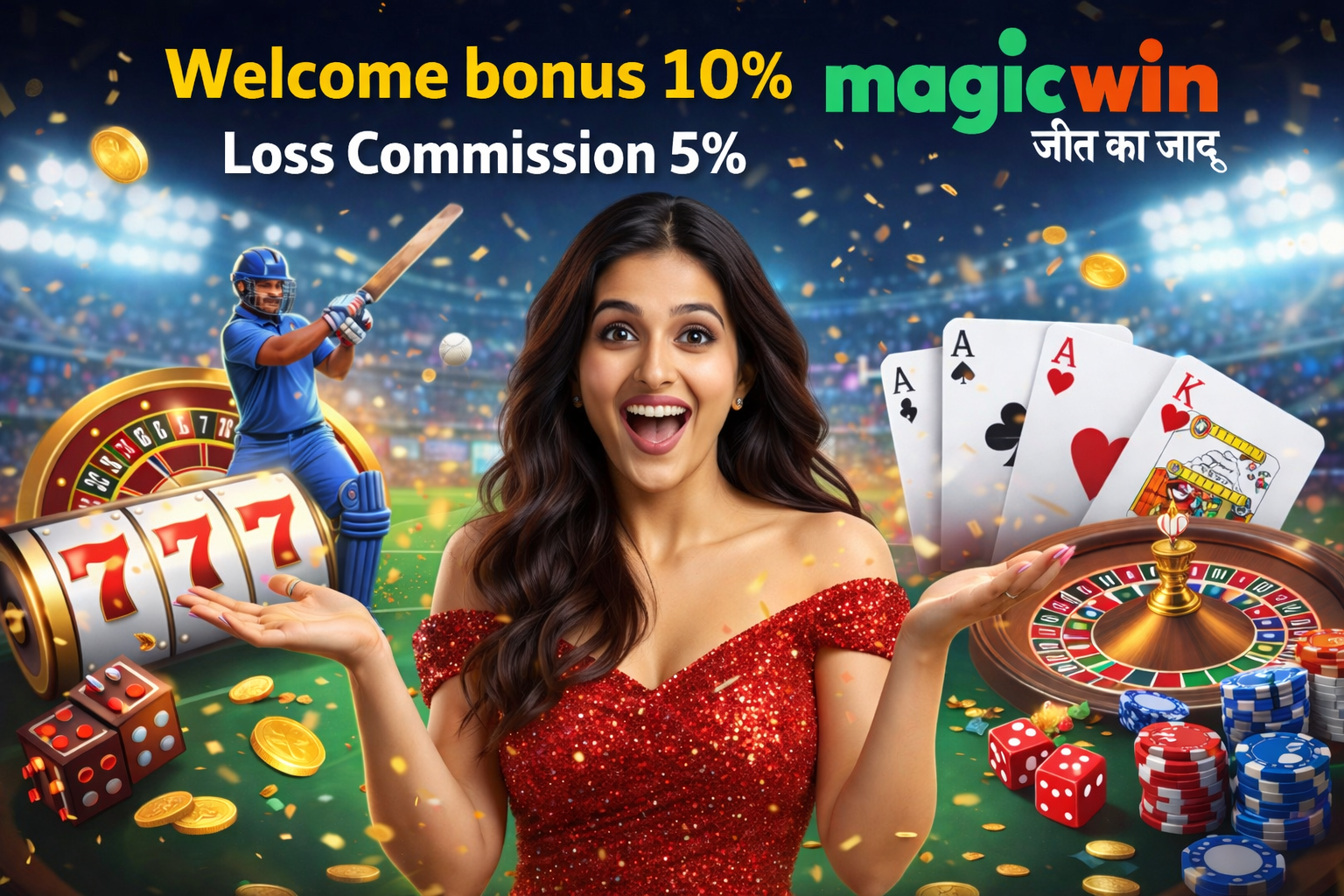 A cheerful woman presenting casino and cricket gaming elements with slot reels, cards, chips, and stadium lights.