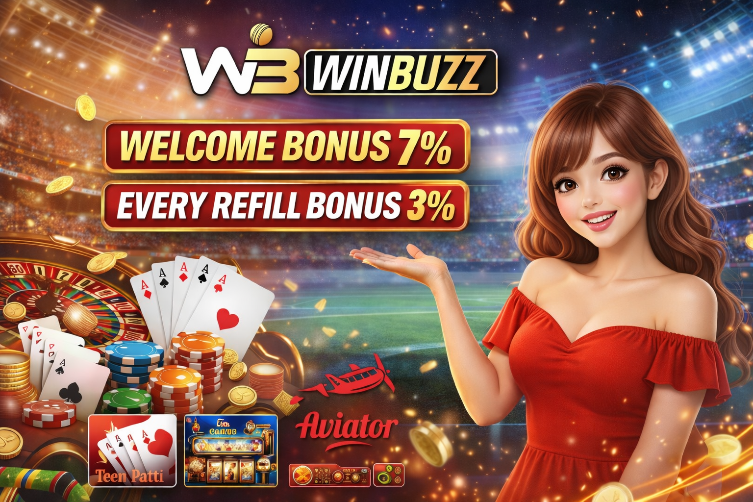 WinBuzz casino promo banner with a cute animated girl in a red dress presenting welcome and refill bonuses, surrounded by cards, chips, coins, and game icons in a stadium scene.