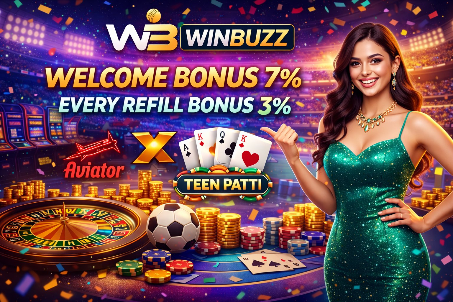 Casino celebration scene showing WinBuzz branding, bonus offers, poker cards, roulette wheel, stacked chips, and a host giving a thumbs-up gesture.