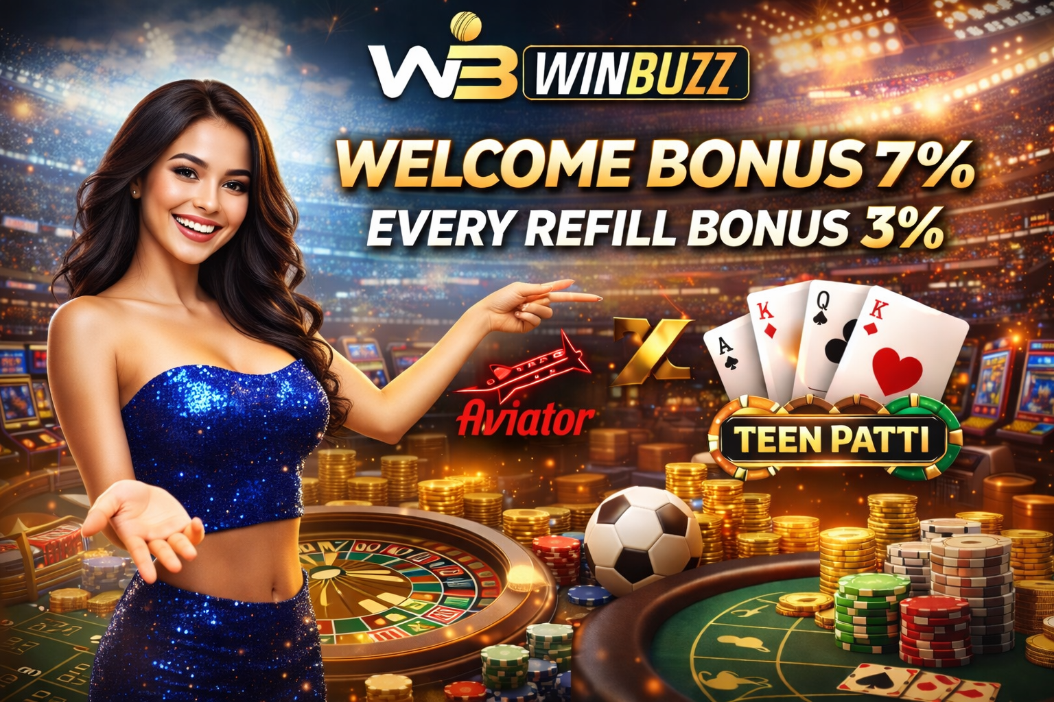 Stadium-style casino promotion showing bonus offers, roulette tables, chips, playing cards, and a presenter pointing to featured games.