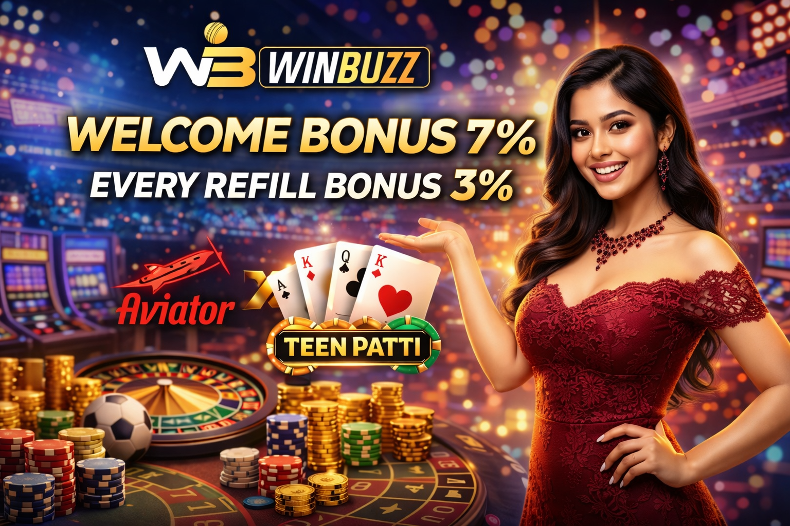 Casino bonus banner with roulette table, poker chips, playing cards, and a presenter highlighting game promotions.