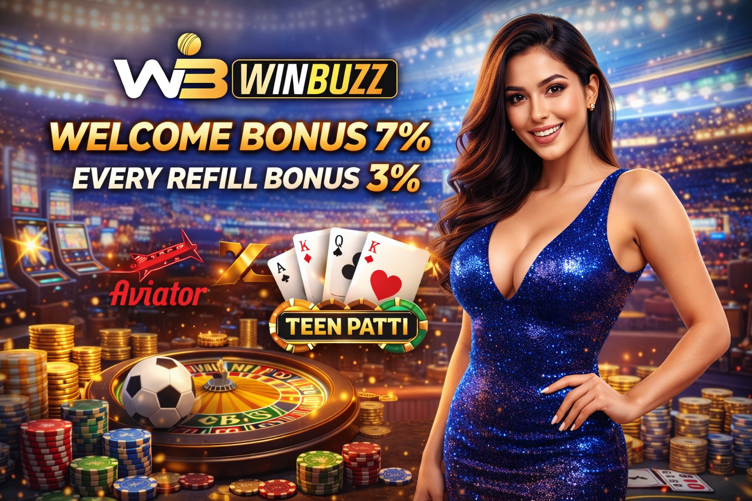 Casino bonus promotional graphic with roulette wheel, stacked chips, playing cards, and a confident host in a blue dress.