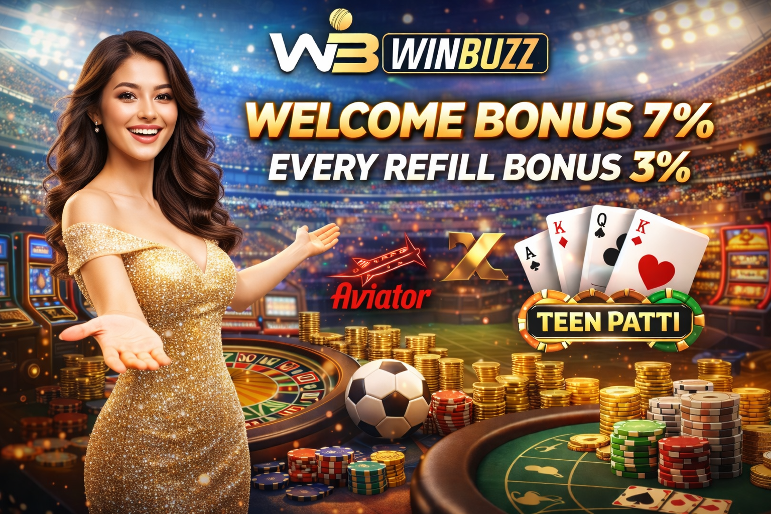 Golden-themed casino promotion showing bonus offers, roulette wheel, chips, playing cards, and a welcoming presenter in a stadium setting.