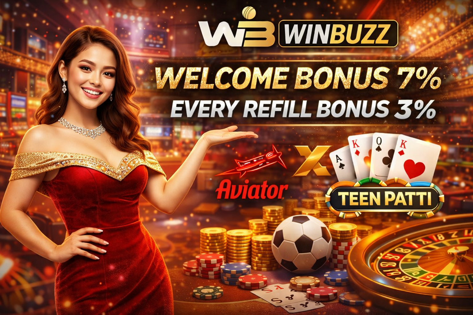 Luxury casino bonus graphic with roulette table, poker chips, playing cards, and a presenter introducing featured games.