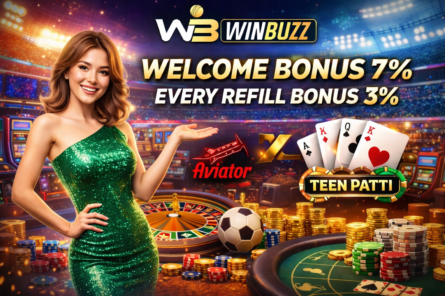 WinBuzz casino advertisement featuring bonus offers, playing cards, stacked coins, roulette tables, and a cheerful host in a green sparkling dress inside a luxury casino arena.