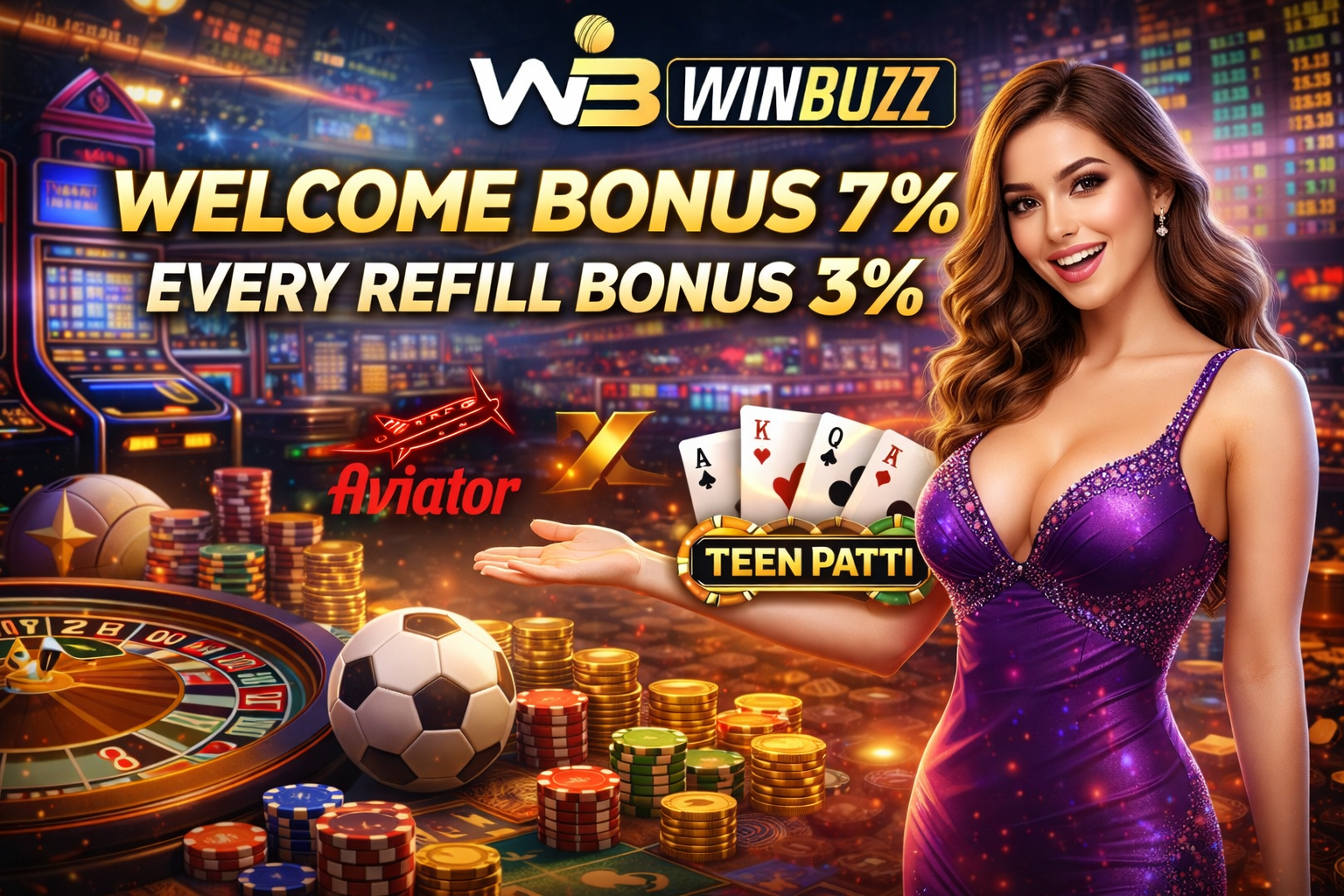 WinBuzz casino promotional artwork with glowing bonus text, slot machines, roulette table, stacked chips, playing cards, and a smiling host in a purple dress.