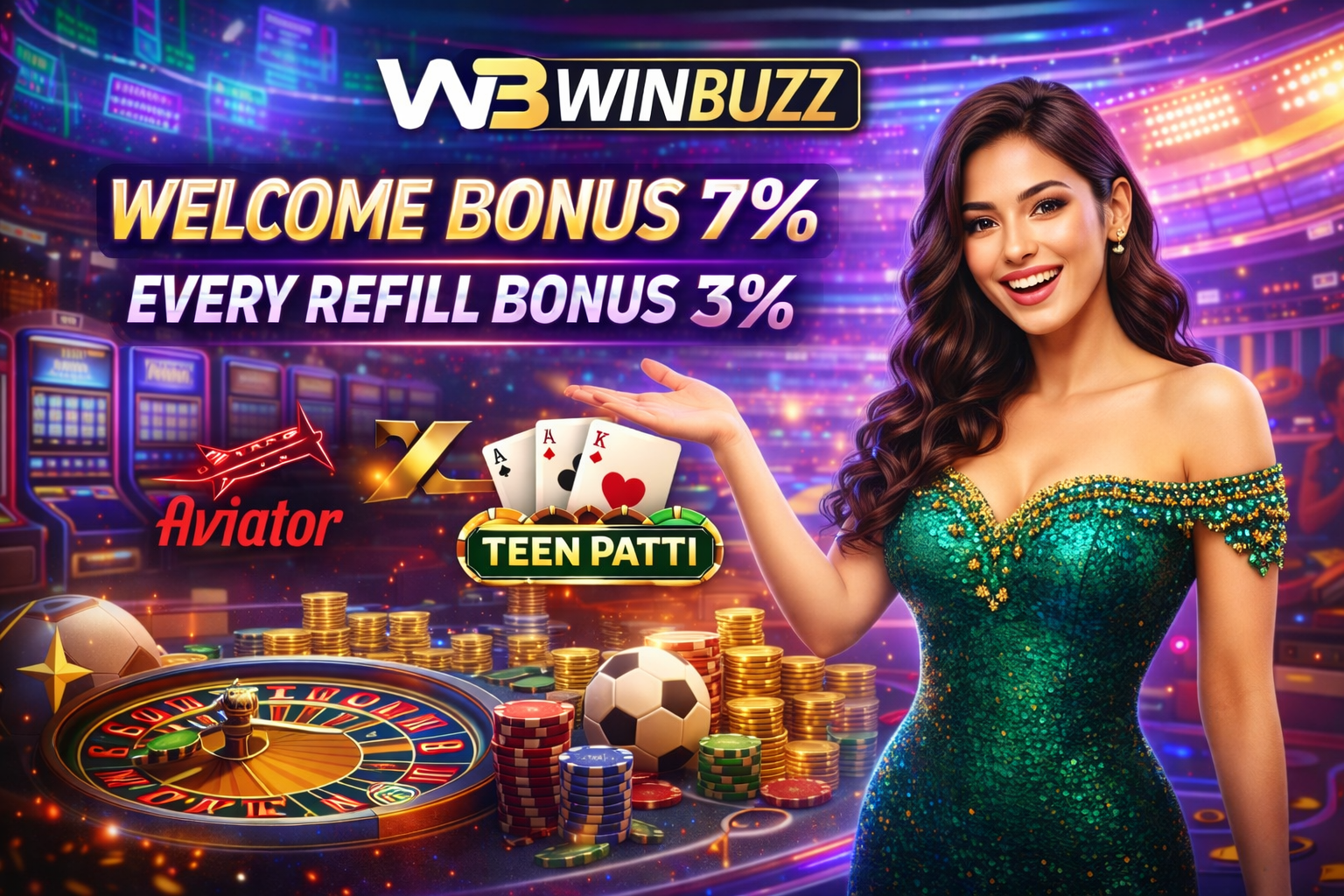 Neon casino bonus artwork featuring roulette action, stacked poker chips, playing cards, and a host presenting game options.