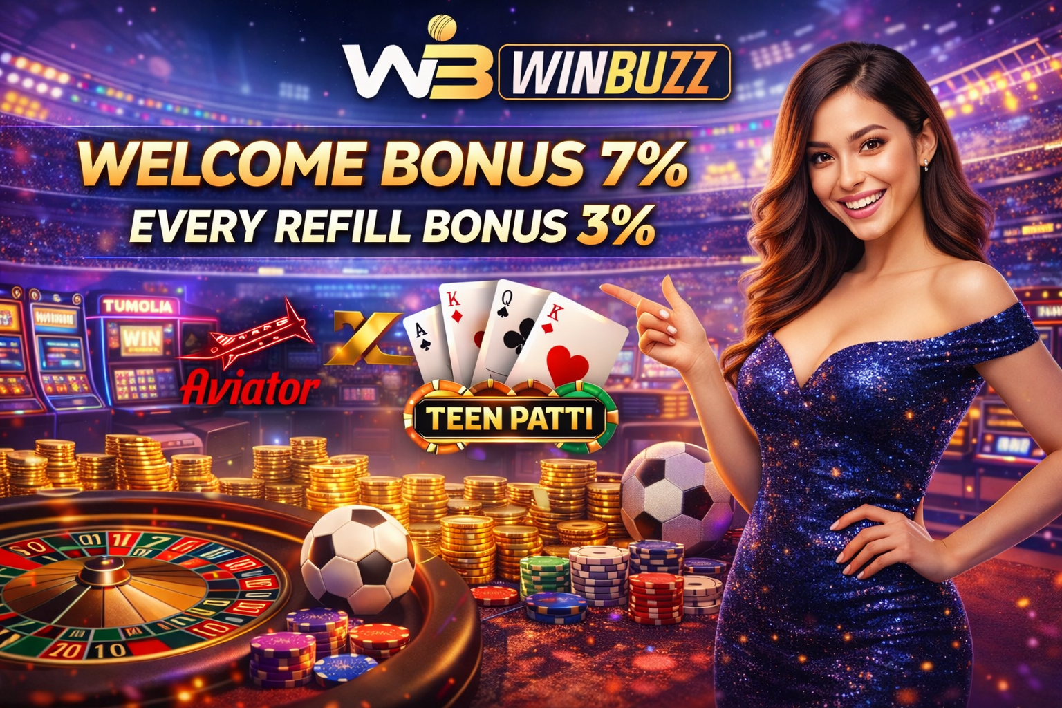 WinBuzz gaming banner showing a casino night scene with bonus text, roulette tables, stacked chips, playing cards, an airplane graphic, and a smiling host in a blue dress.