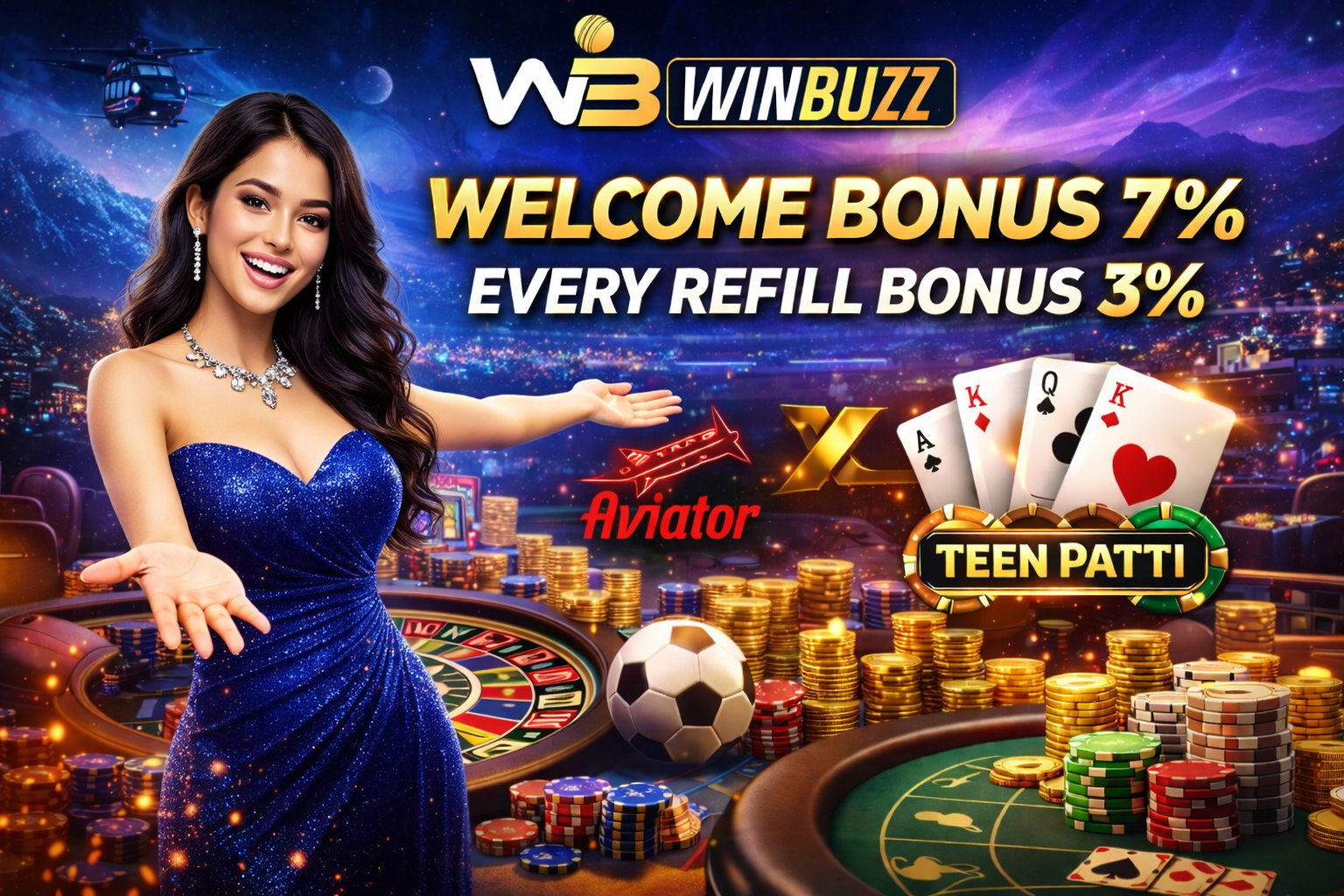 WinBuzz casino promotion scene featuring a night-sky backdrop, bonus offers, roulette table, poker chips, playing cards, and a smiling host presenting the games.