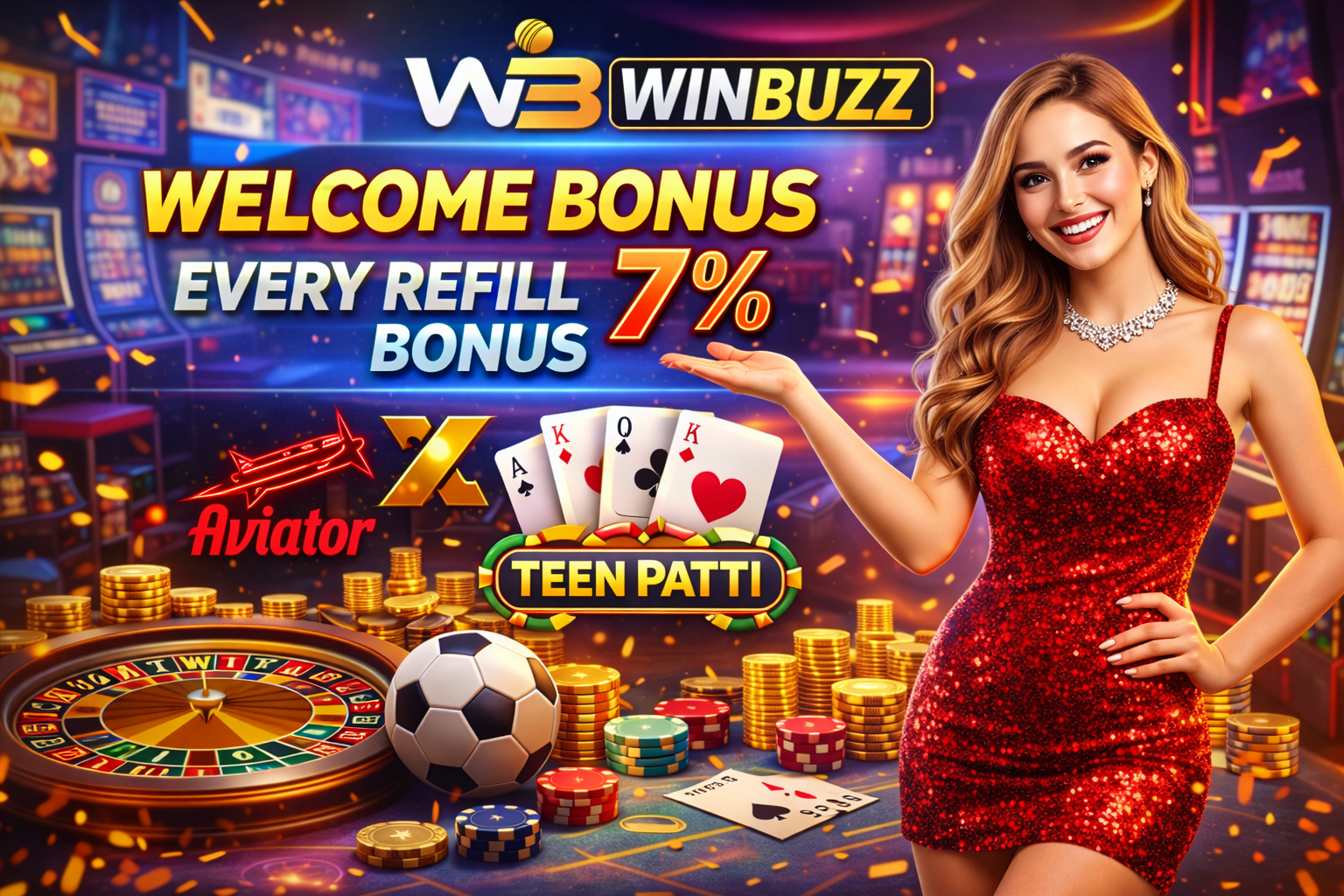 WinBuzz casino promotion banner with bonus offers, playing cards, gold coins, roulette table, and a smiling casino host in a red outfit.