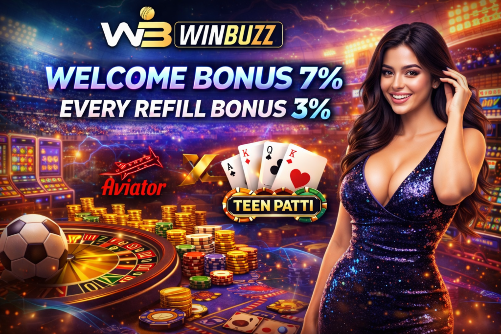 WinBuzz casino promotion visual featuring welcome and refill bonuses, playing cards, casino chips, roulette wheel, and a confident female presenter in a sparkling dress.