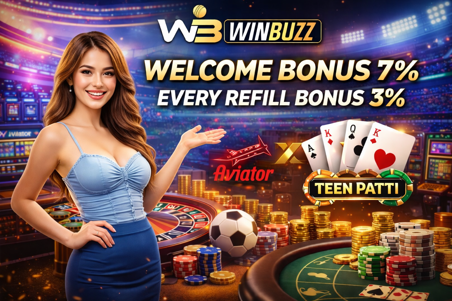 WinBuzz promotional casino image showing welcome and refill bonus text, roulette tables, casino chips, playing cards, and a friendly host in a light blue outfit inside a bright gaming arena.